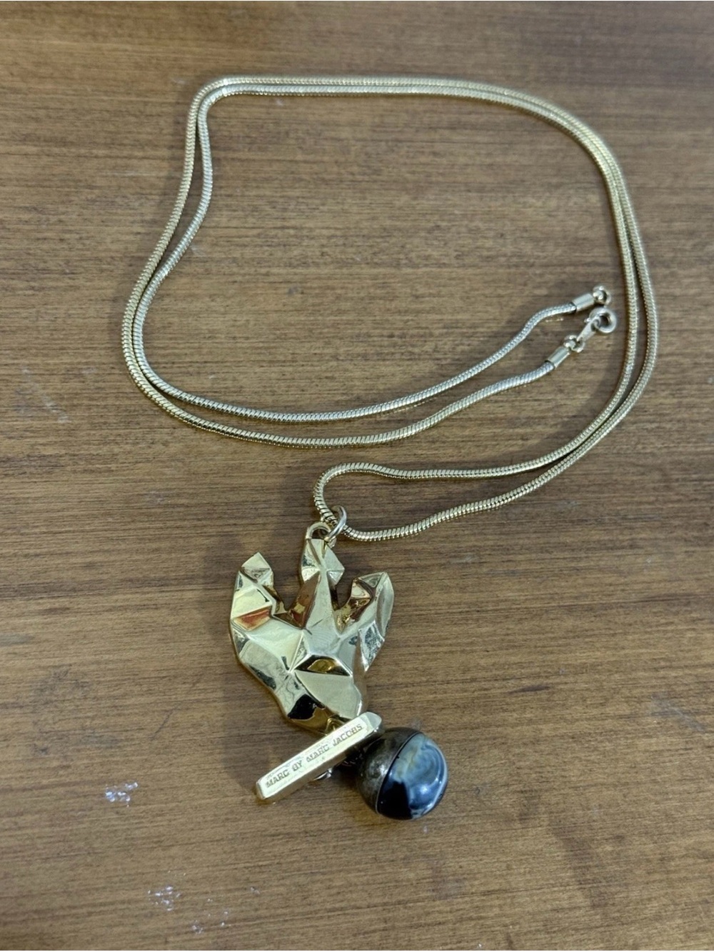 Marc Jacobs Gold Tone Black Medallion Pendant Necklace Logo Disc Chain